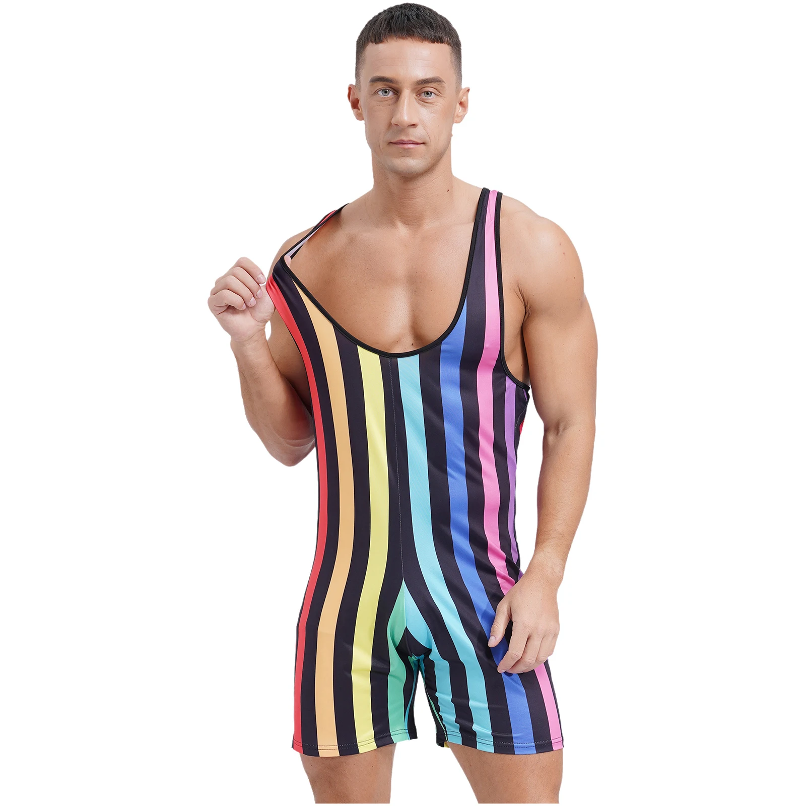 

Mens Striped Spandex Wrestling Singlet Rompers Bodybuilding Stretchy Boxer Shorts Leotard Bodysuit for Fitness Gym Workout Sport