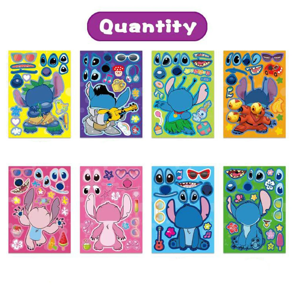 8/16Sheets Disney Stitch Cartoon Puzzle Stickers Children Make a Face DIY Toys Funny Assemble Jigsaw Kids Boys Girls Party Game