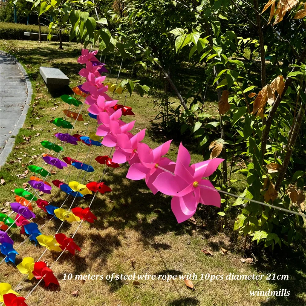 10pcs/set with Rope Strings Colorful Arch Corridor Windmill Solid Color with Steel Wire Rope 5 Leaves Pinwheels Handmade Plastic