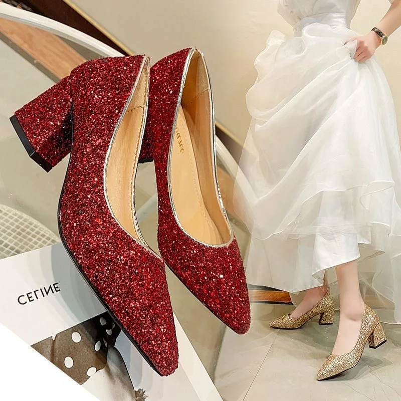 New 2023 Summer Pointed  High-heeled Shoes Sequin Women\'s Single Thick Heel Party Wedding Evening Dress Large Size