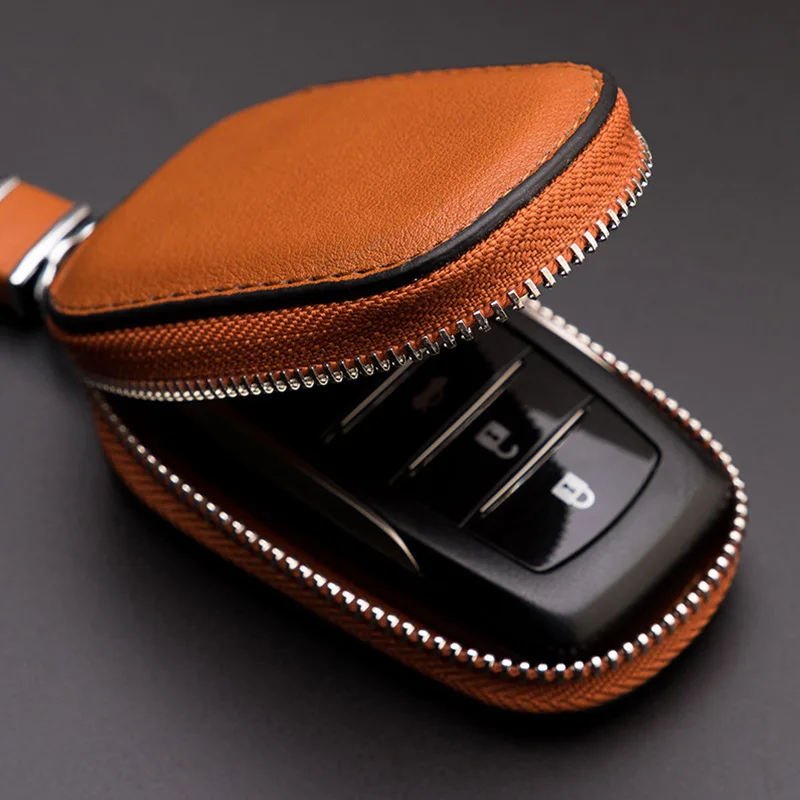 Leather Car Keychain Case For Women Men Car Key Fob Shell Case Cover Holder Bag Pouch Wallet Protector Keychain Organizer