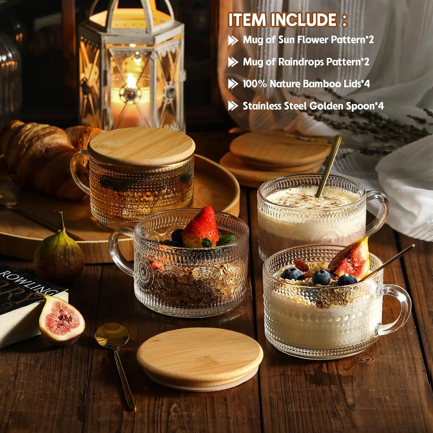4-Piece Vintage Coffee Cup Gift Set for Women, Overnight Oats Jar with Bamboo Lid and Spoon - 14oz Clear Embossed Glass Cup