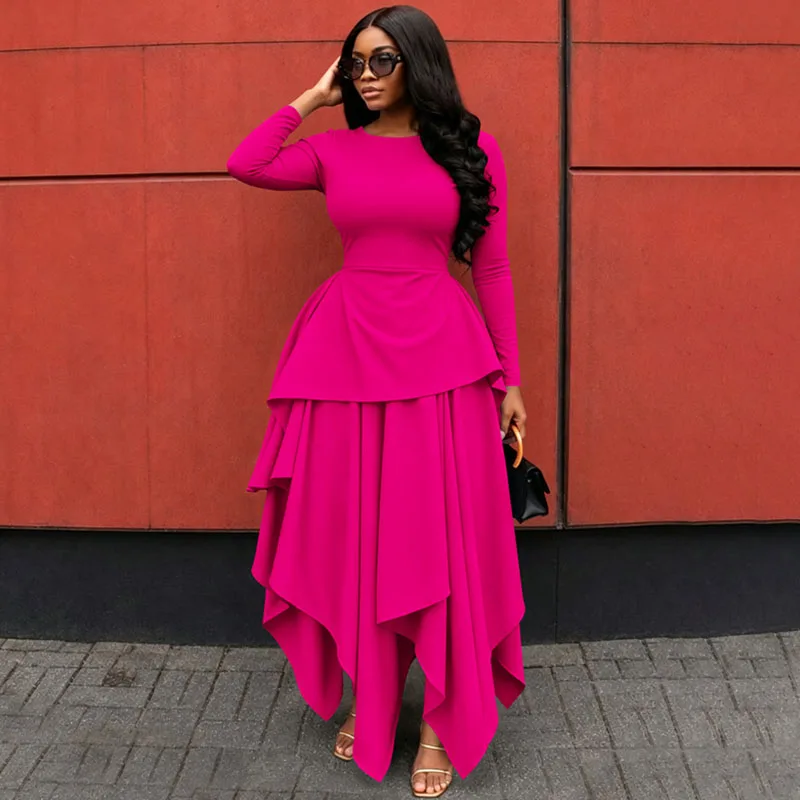Doyerl Langarm A-Linien Maxikleid Damen Frühling Herbst Kleidung Hohe Taille Party Club Unregelmäßige Lange Kleider Vestidos Elegantes