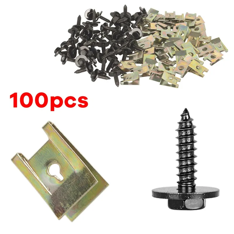 

100Pcs Metal Car Screw Body Fender Bumper Retainer U Nut Clips Gasket Fastener Washers