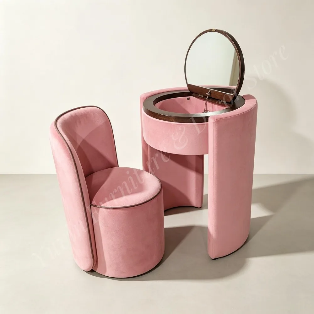 Modern Velvet Solid Wood Dressing Table Set with Flip-Top Round Mirror Stool Compact Hotel Bedroom Vanity Multi Colors Available