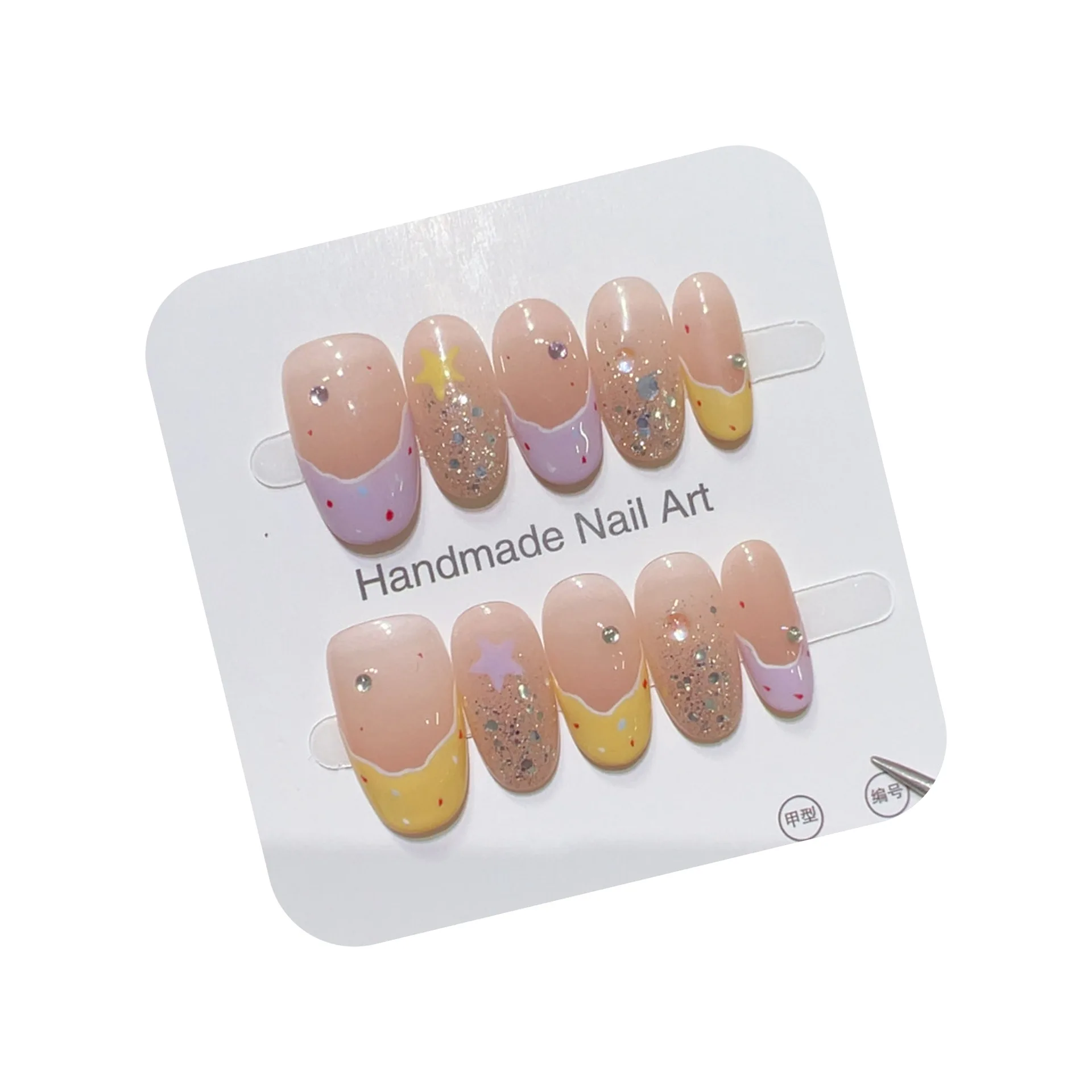 10 stuks handgemaakte korte ovale pers op nagels onregelmatige Franse ster glitter pailletten ontwerp zoete schattige kunstnagels draagbare nagels meisjes