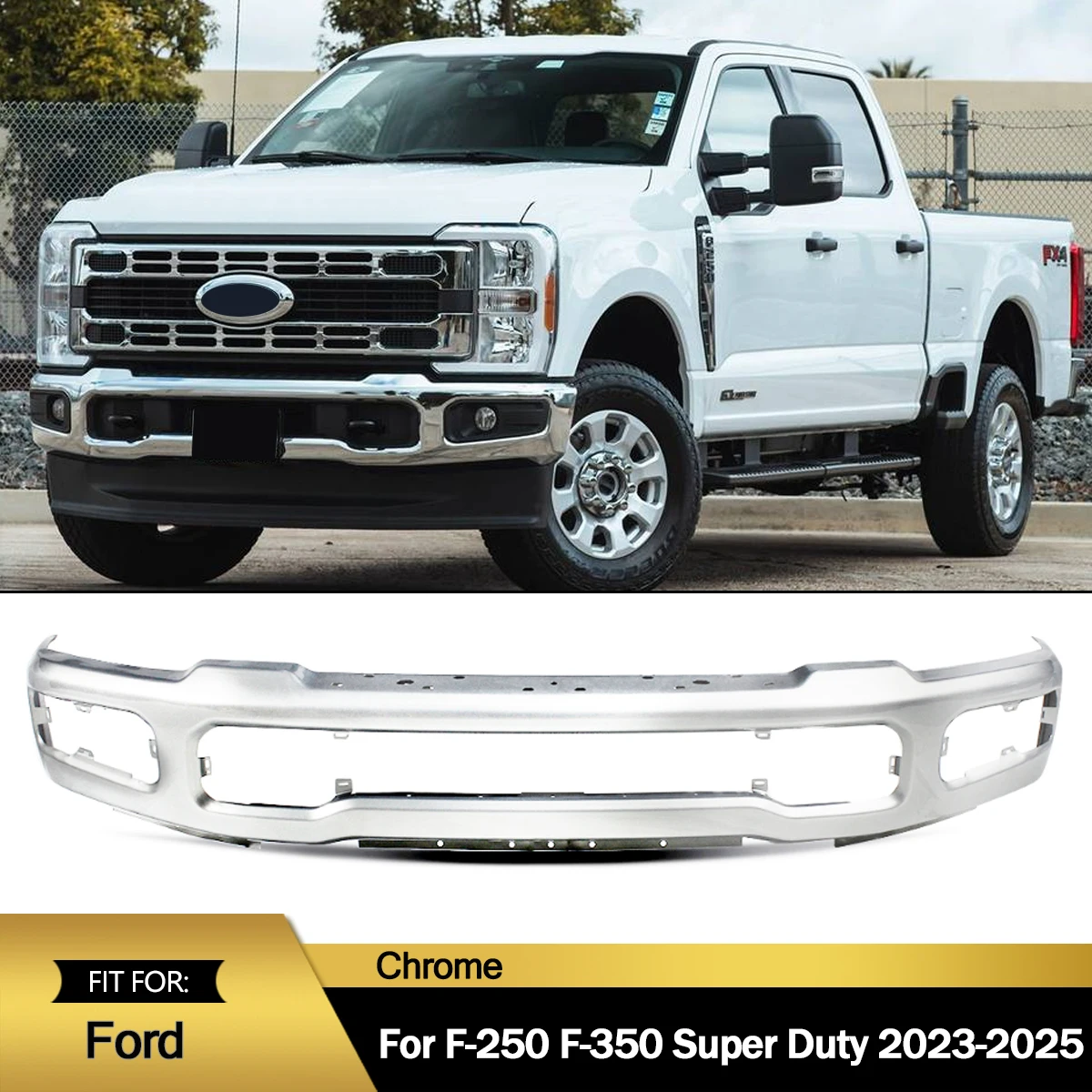 

Chrome Steel Front Bumper Guard Assembly For Ford F250 F350 F450 F550 2023 2024 2025 Front Bumper Face Bar W/O Fog Lights Hole