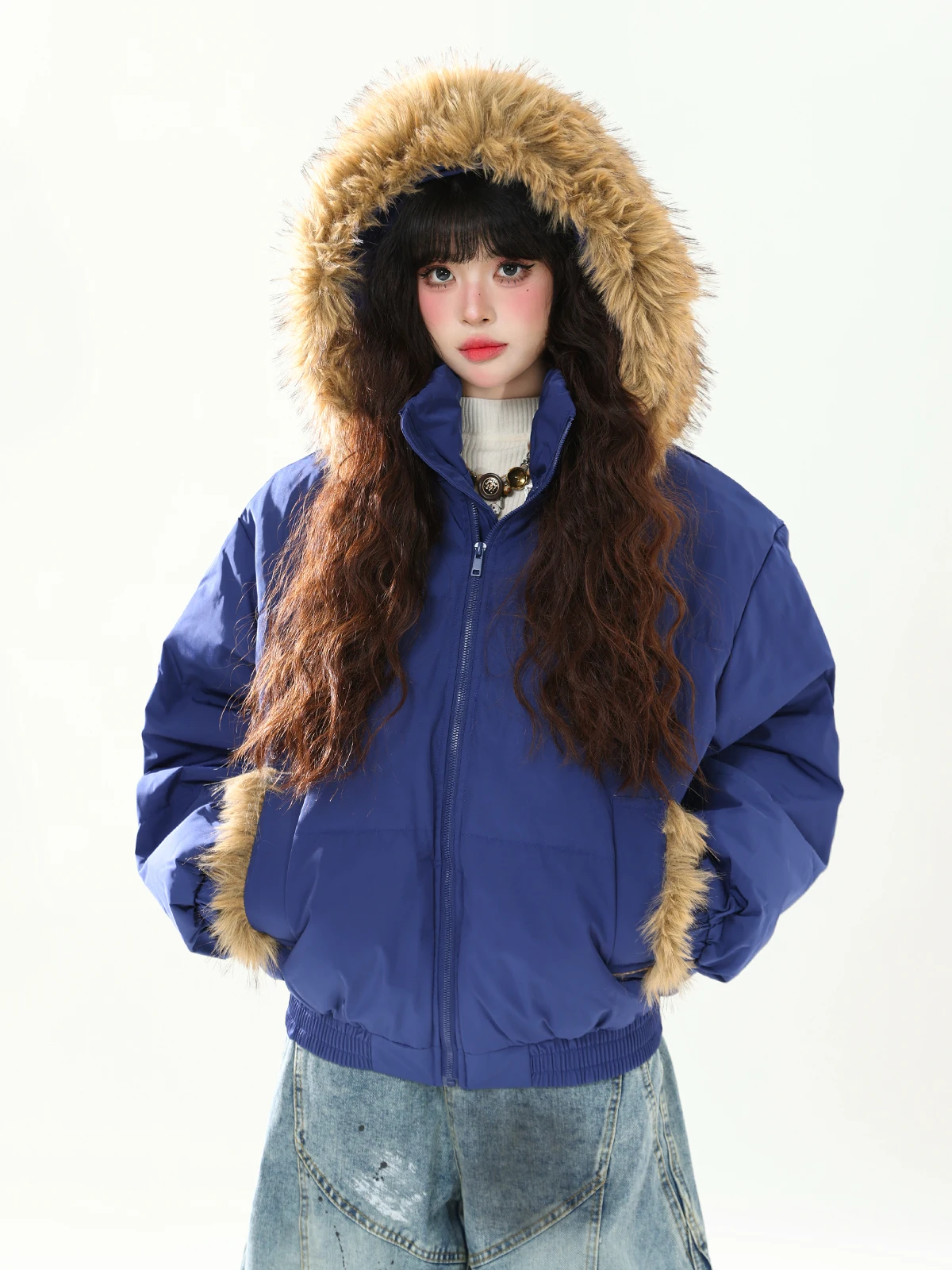 

ENJOG Klein Blue Hooded Cotton Jaet Women's Winter American Thi Warm Loose Casual Cotton Coat with Fur Collar