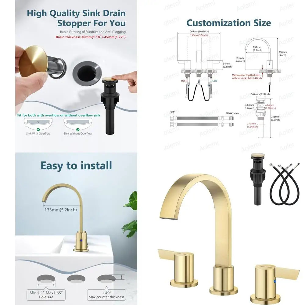 

8 широко распространенных водопадных смесителей для раковины в ванной комнате с 3 отверстиями, 2 ручками, выдвижным сливом и шлангом подачи золотого цвета