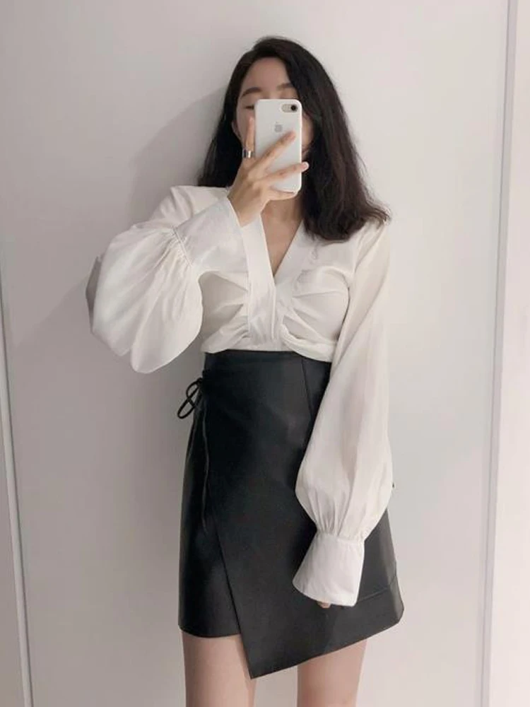 Fashion Two-piece Women's Office Solid Color Long Sleeve Shirt with High Waist Wrap Mini Skirt Set 2024 Summer Elegant Two-piece