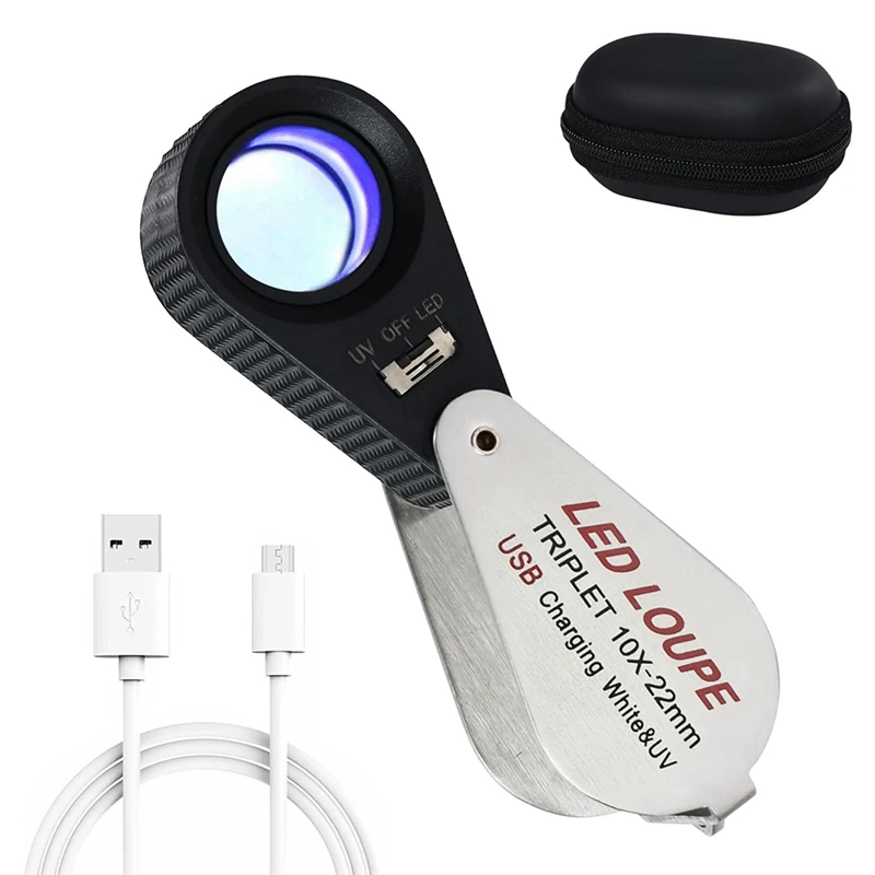 LJL-10X Jewelers Loupe With UV & LED Lights, Rechargeable 10X Loupe Magnifier 22Mm Optical Glass Triplet Lens Jewelry Loupe