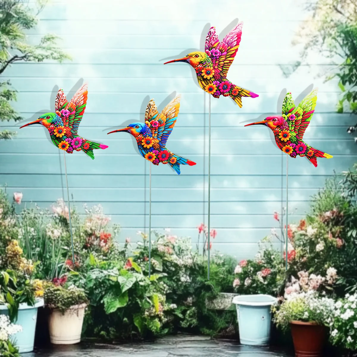 4PCS/Set Metal Hummingbird Stakes Art Sculptures Outdoor Durable Iron Ornaments Garden & Home Decor Yard Lawn Patio Garden Decor