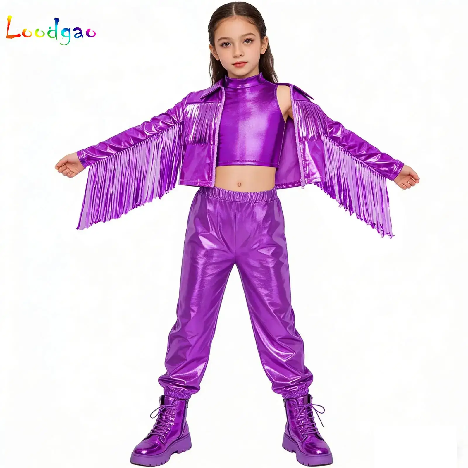 Kids Girls Metallic Hip-Hop Jazz Dance Suit Party Set Long Sleeve Jacket Coat with Vest Pants Modern Stage Performance Dancewear