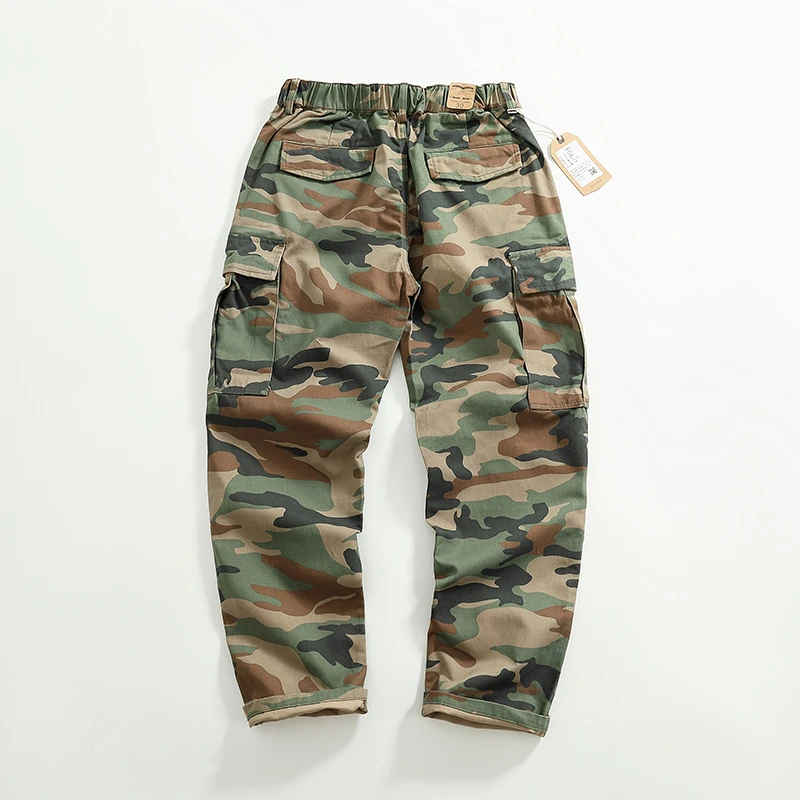 Autumn and winter heavy woven and dyed camouflage pants men retro military style loose straight leg multi-pocket cargo casual pa