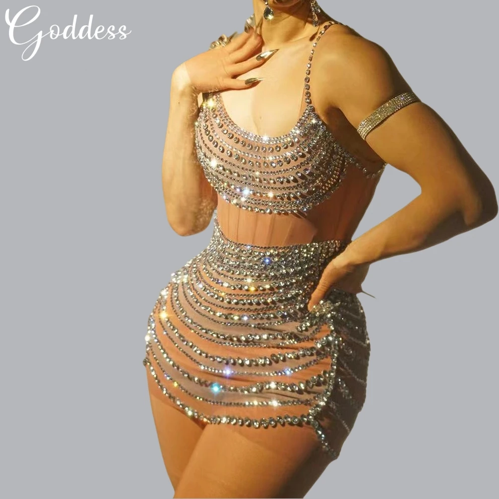 

Sparkly Rhinestone Sheer Mesh Bodycon Dress Mini Wrap Hip Dress Sexy Dresses For Women Party Club Night Cross-dress Drag Costum