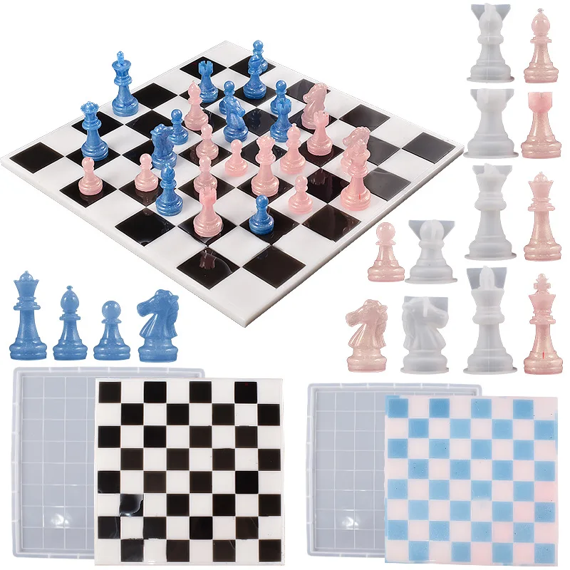 Chess Set Checkers Board Silicone Resin Mold 3D Chess Crystal Casting Molds for DIY Art Crafts Making Family Party Board Games