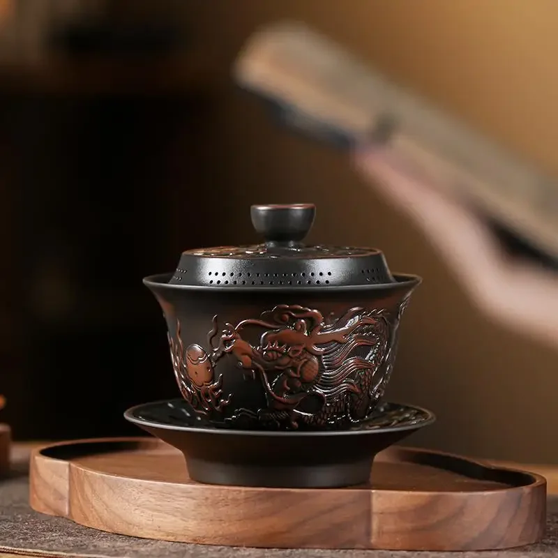 180ml Jianshui Clay Purple Pottery Vintage Gaiwan Ceramic Process Carving Tea Tureen Pigmented Kung Fu Drinkware Tea Bowl