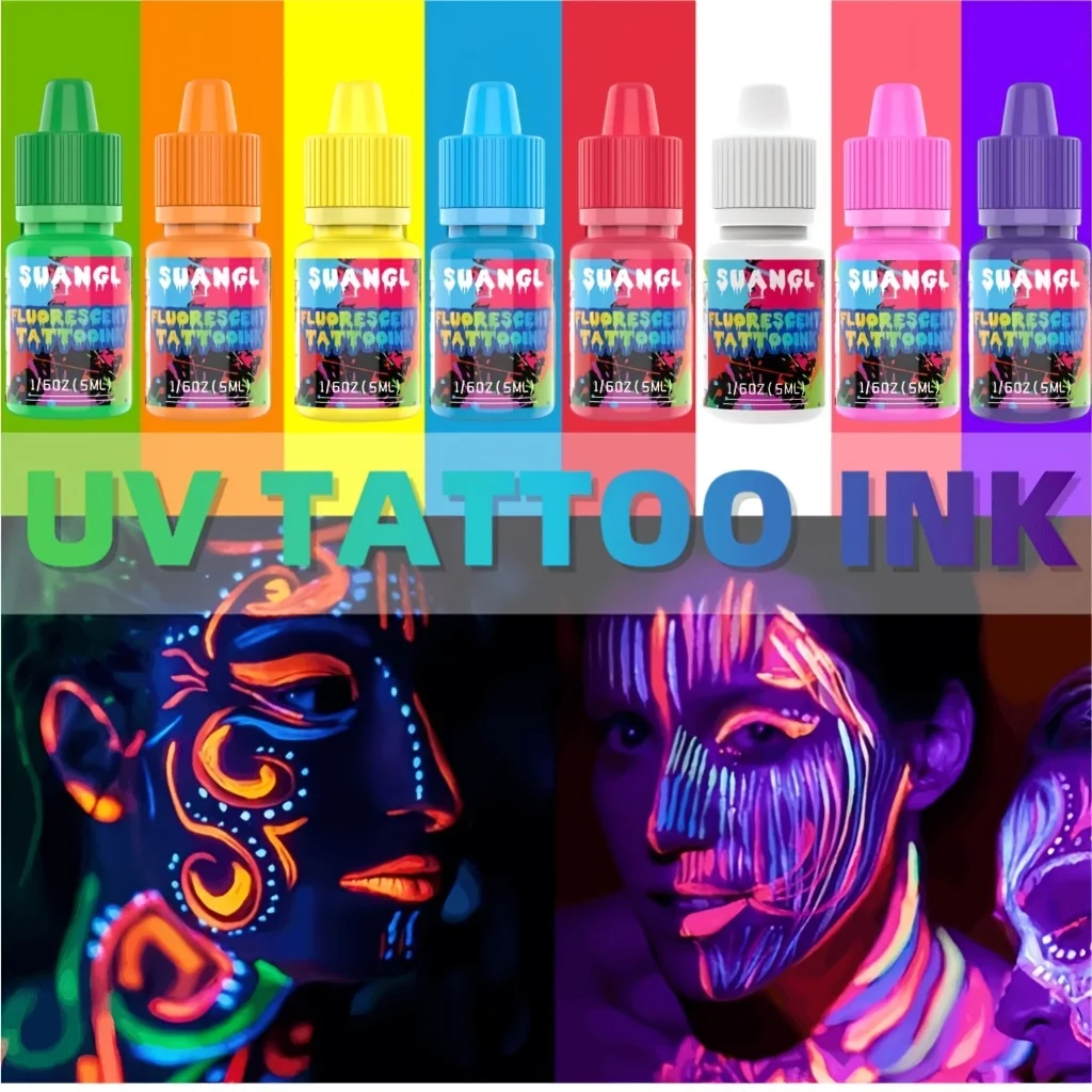 Ensemble d'encres de tatouage fluorescentes UV – 8 couleurs qui brillent sous la lumière noire, sûres et non toxiques, bouteilles de 5 ml.