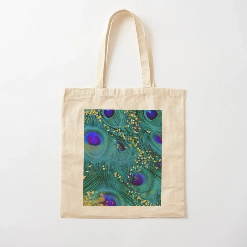 

Dreamy peacock feathers, teal and purple, glimmering gold Tote Bag large tote Shopper screen