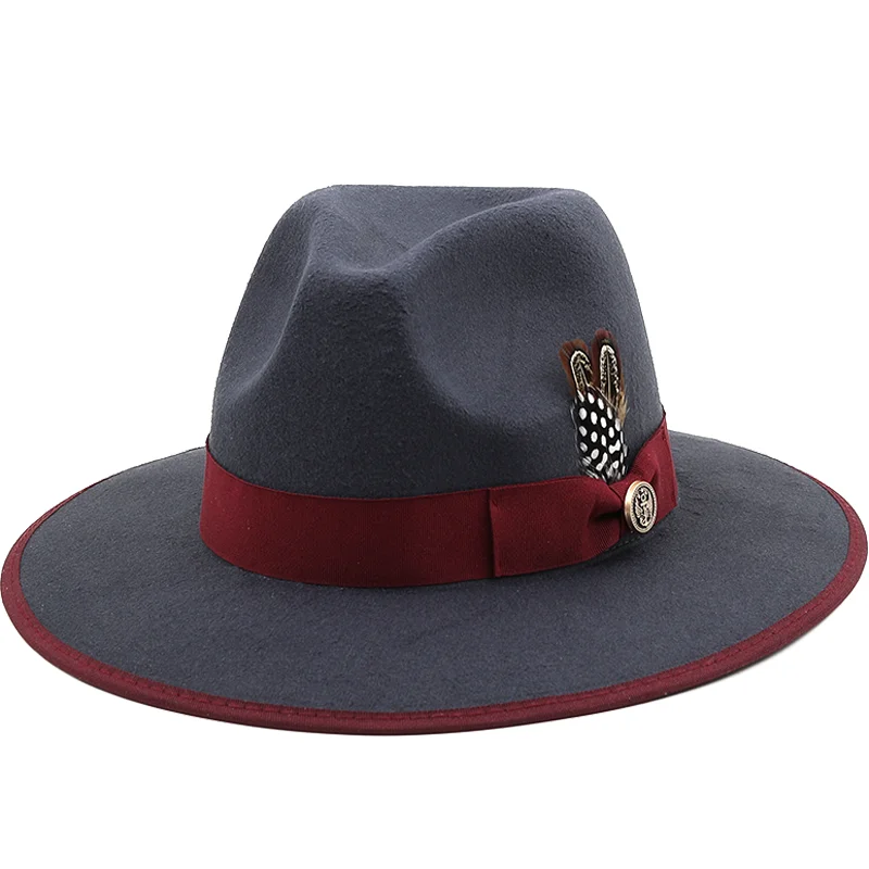 Simple Wool fedora hat Feather band wide brim solid round top women hats classic simple formal dress church Gray winter hat