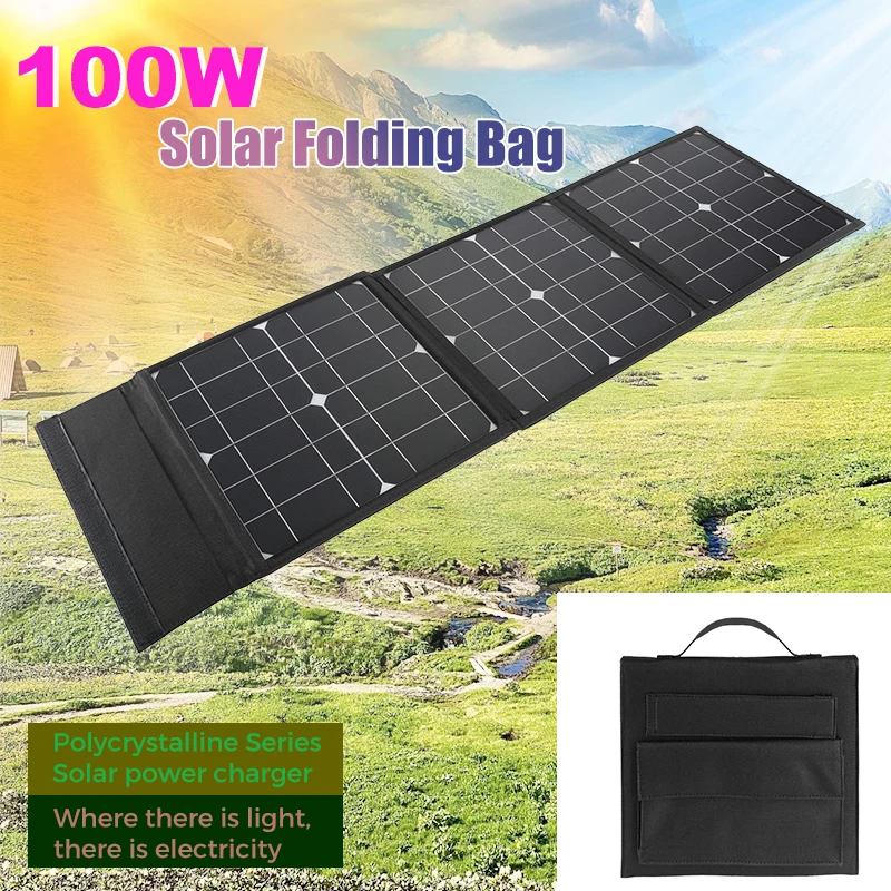 DC+USB Fast Charge 18V 100W Foldable Solar Panel Portable Solar Battery Charger Power Bank for Phone Camping Van RV Outdoor