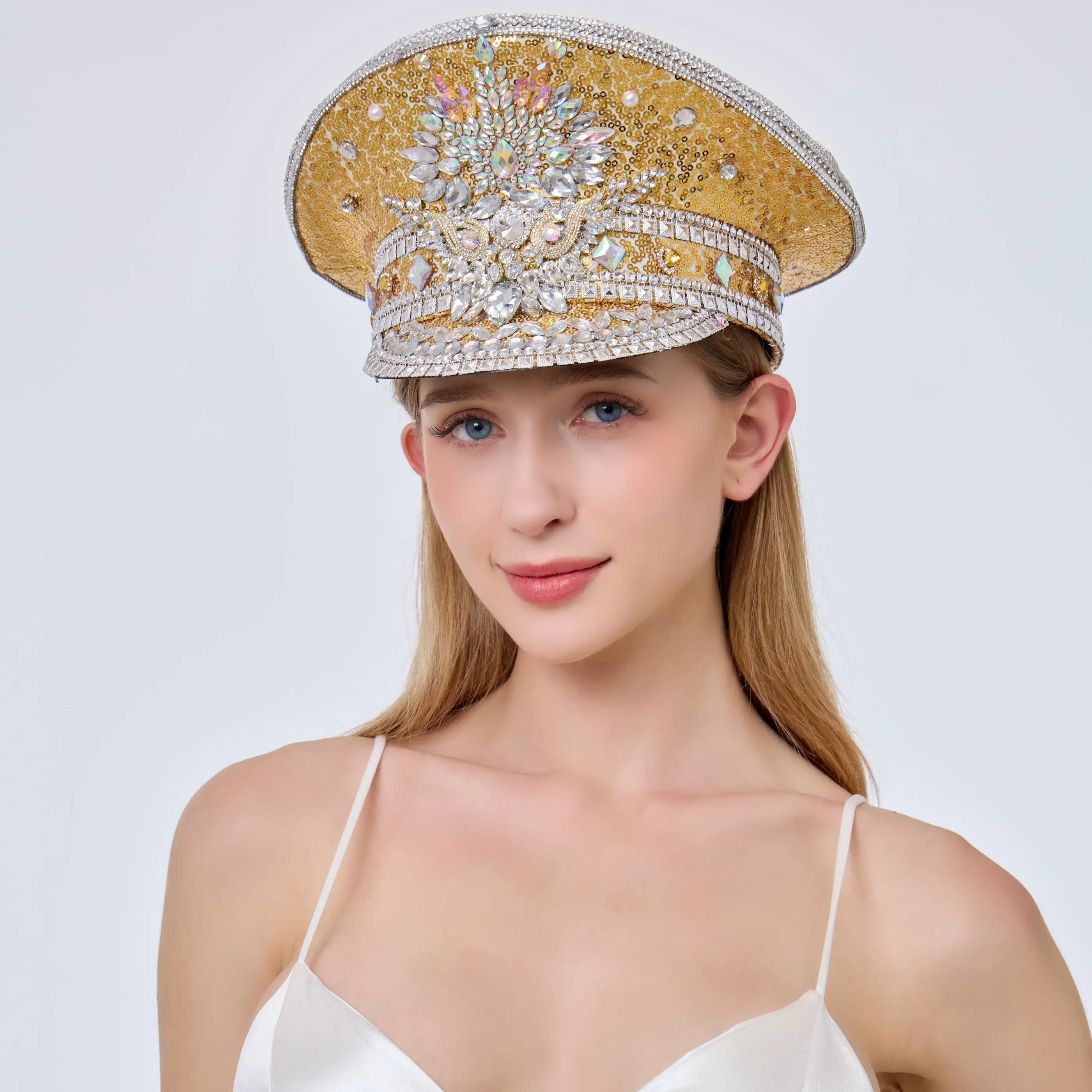 

HongLuan золотые блестящие капитанские шляпы со стразами для женщин музыкального фестиваля, карнавальный костюм, шляпа и женские аксессуары для косплея