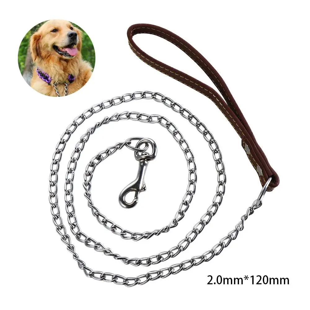 Heavy Duty Metal Chain Dog Lead With Leather Handle Long Strong Control Leash Outdoor Pet Traction Rope Anti Bite Chain Supplies