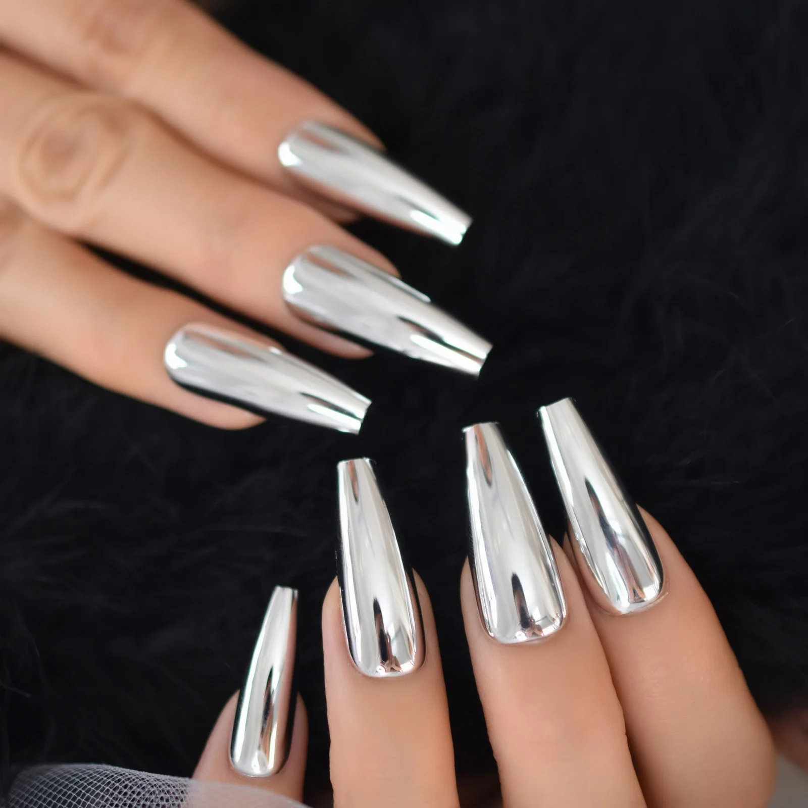 Silver Coffin Fake Nails Long Ballet Metallic False Nail Tips Solid Color Mirror Press On Nails Art Manicure At Home Salon Tools