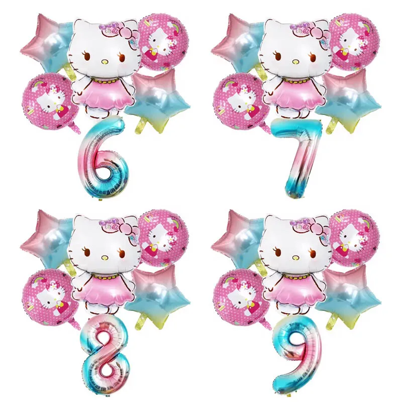 

6pcs Hello Kitty Themed Birthday Party Decoration Supplies Kawaii KT Cat 32 Inch Number Foil Balloon Kit Baby Shower Girls Gift