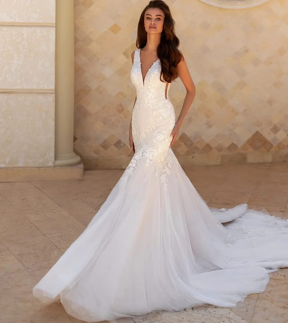 หรูหราลูกไม้ดอกไม้Bohoชุดเจ้าสาว 2025 ใหม่เซ็กซี่VคอBacklessเจ้าสาวเงือกชุดแต่งงานที่กําหนดเอง