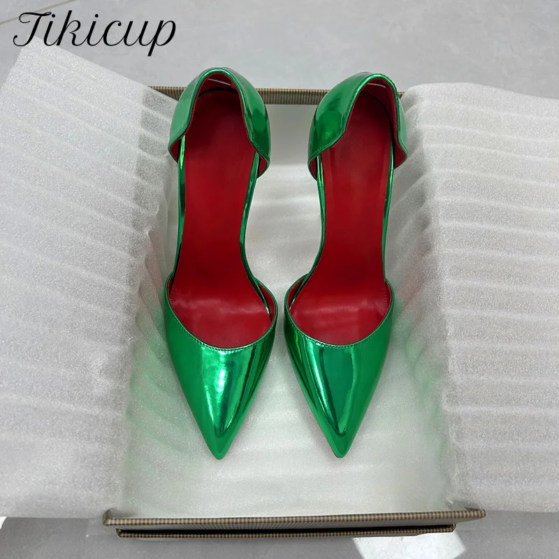

Элегантные классические женские зеленые металлические туфли на высоком каблуке-шпильке с острым носком, модельные туфли-лодочки с вырезом по бокам на красной подкладке для свадебной вечеринки