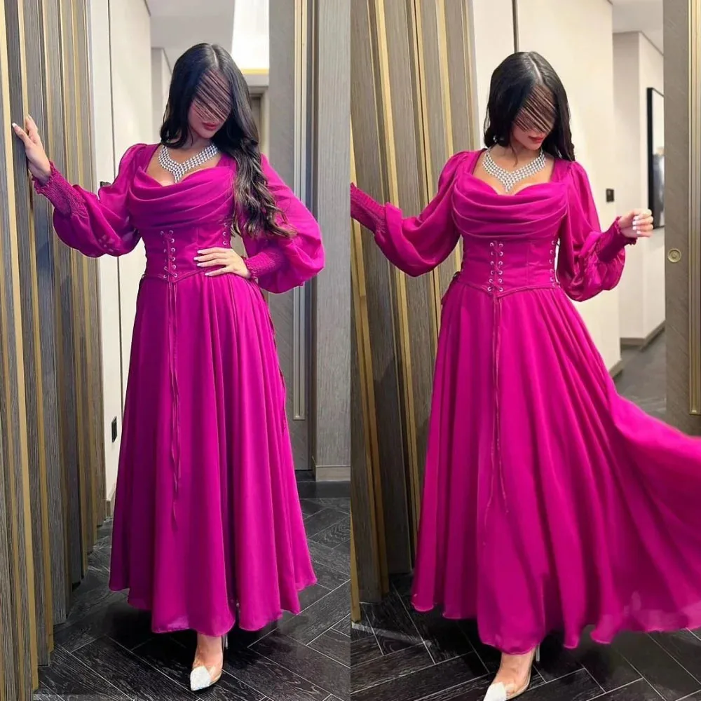 MOBEYE 2024 New Design Lapel Ball Gown Saudi Arabia Women's Chiffon A Line Long Sleeve Fuchsia Evening Gown Formal Party Dress