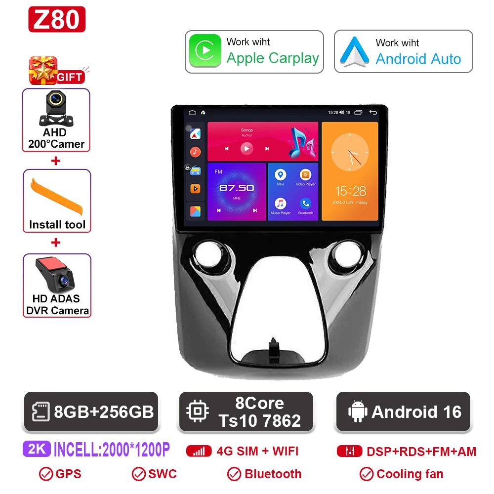 Autoradio Android navigatie GPS Android Auto stereo Carplay scherm No2 DIN DOM voor Toyota Aygo Peugeot 108 Citroen C1 2016-2020