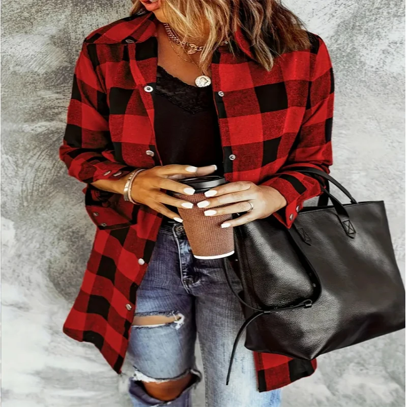 Elegant Ladies Plaid Long Cardigan Tops Clothing Button Shirt For Happy Daily Casual Life Holiday