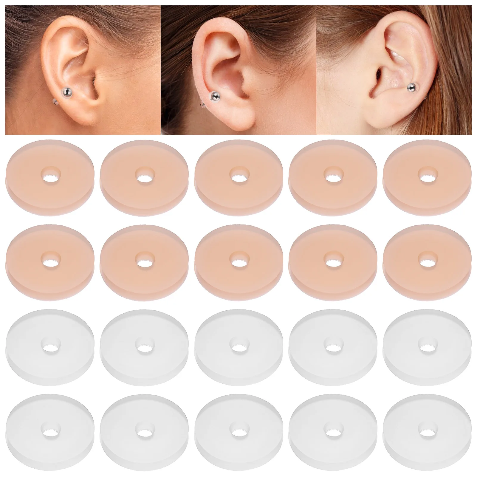 

20Pcs Silicone Earring Backs Pads No Pull Spacers Stoppers Transparent Skin Tone Piercing Bump Discs Heavy Support Studs