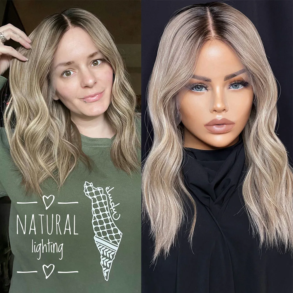 

Cool Blonde Highlights Human Hair Wigs Natural Ash Brown Roots Transparent Lace Top Front Wig Premium Brazilian Hair 13x6 150%