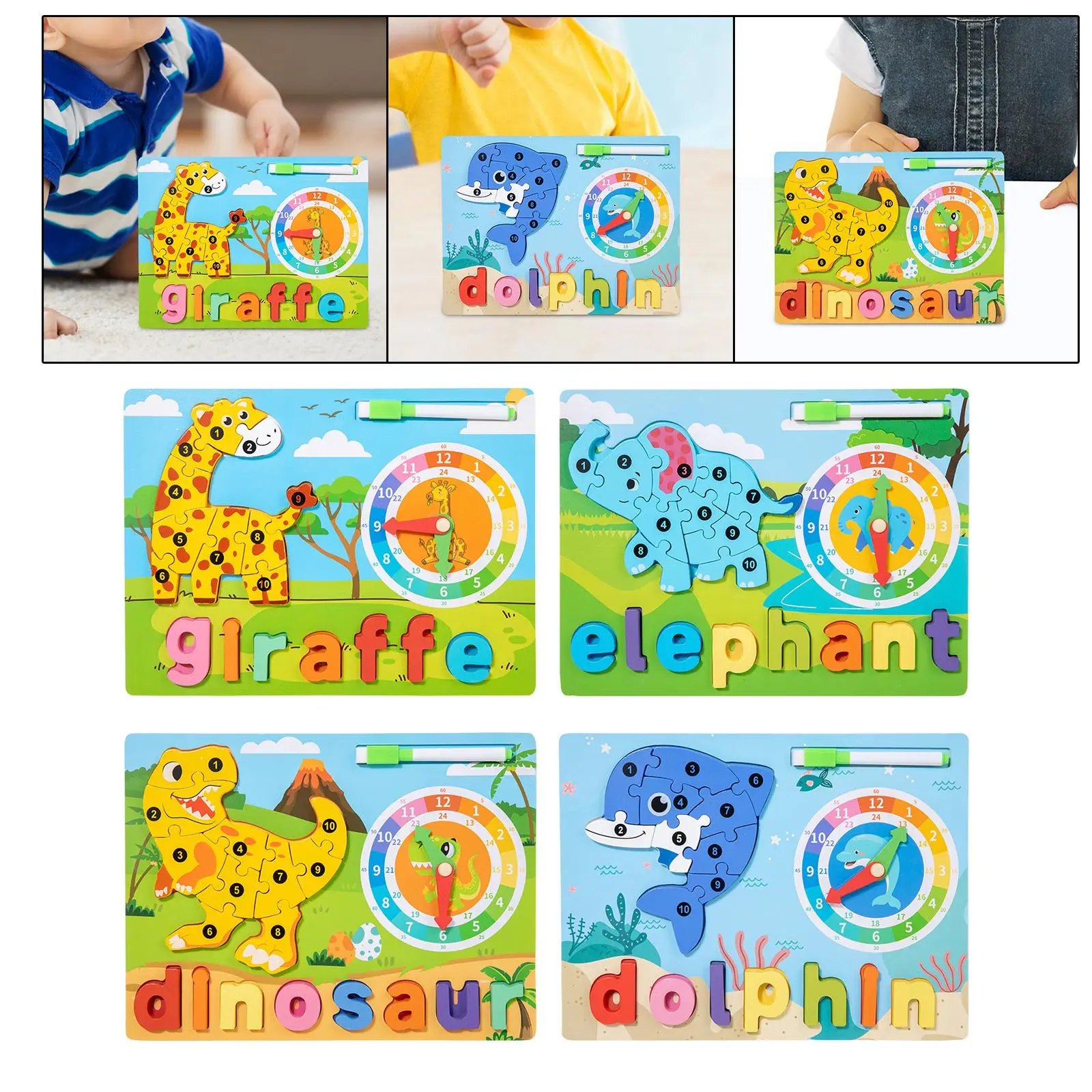 Puzzle animal en bois Montessori avec horloge pour enfants, jouet alphabet, garçons, filles, enfants