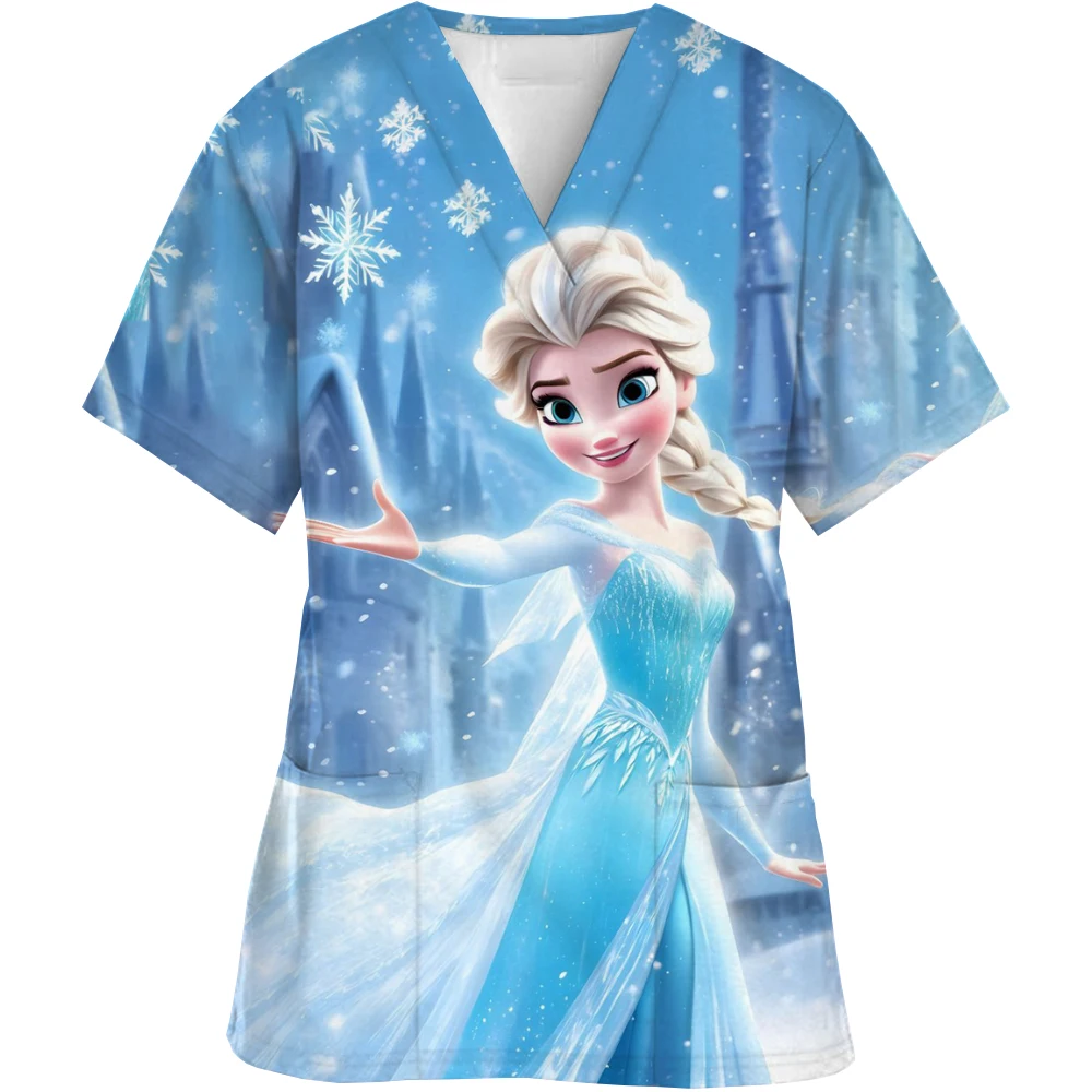 Disney Princess Women Uniform Print Frozen Elsa Snow White Short Sleeve V-neck Tops Femme Blouse Nurse workMedical Uniforms