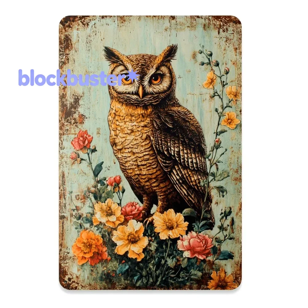 Letrero Metálico Vintage con Diseño de Búho y Flores |   Arte Mural Rústico Color Verde Azulado de 8x12 Pulgadas para Hogar,