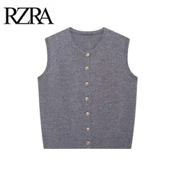 RZRA2024-Chaleco de punto sin mangas para mujer, cuello redondo, decorado con botones dorados, combina con todo, original, otoño e invierno, nuevo