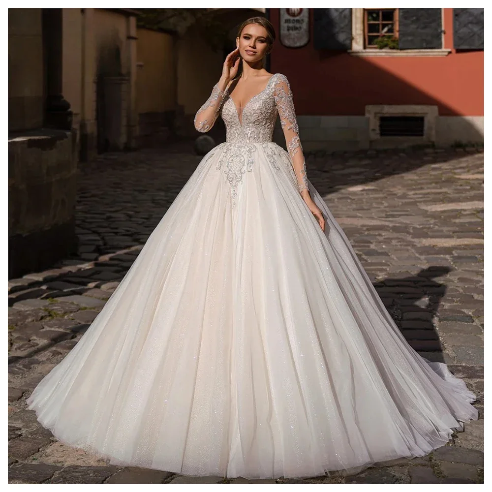 

Customized Elegant Lace Illusion Long Sleeve Wedding Gown Applique Deep V Neck A Line Bridal Gowns Princess Bride Dress Vestido