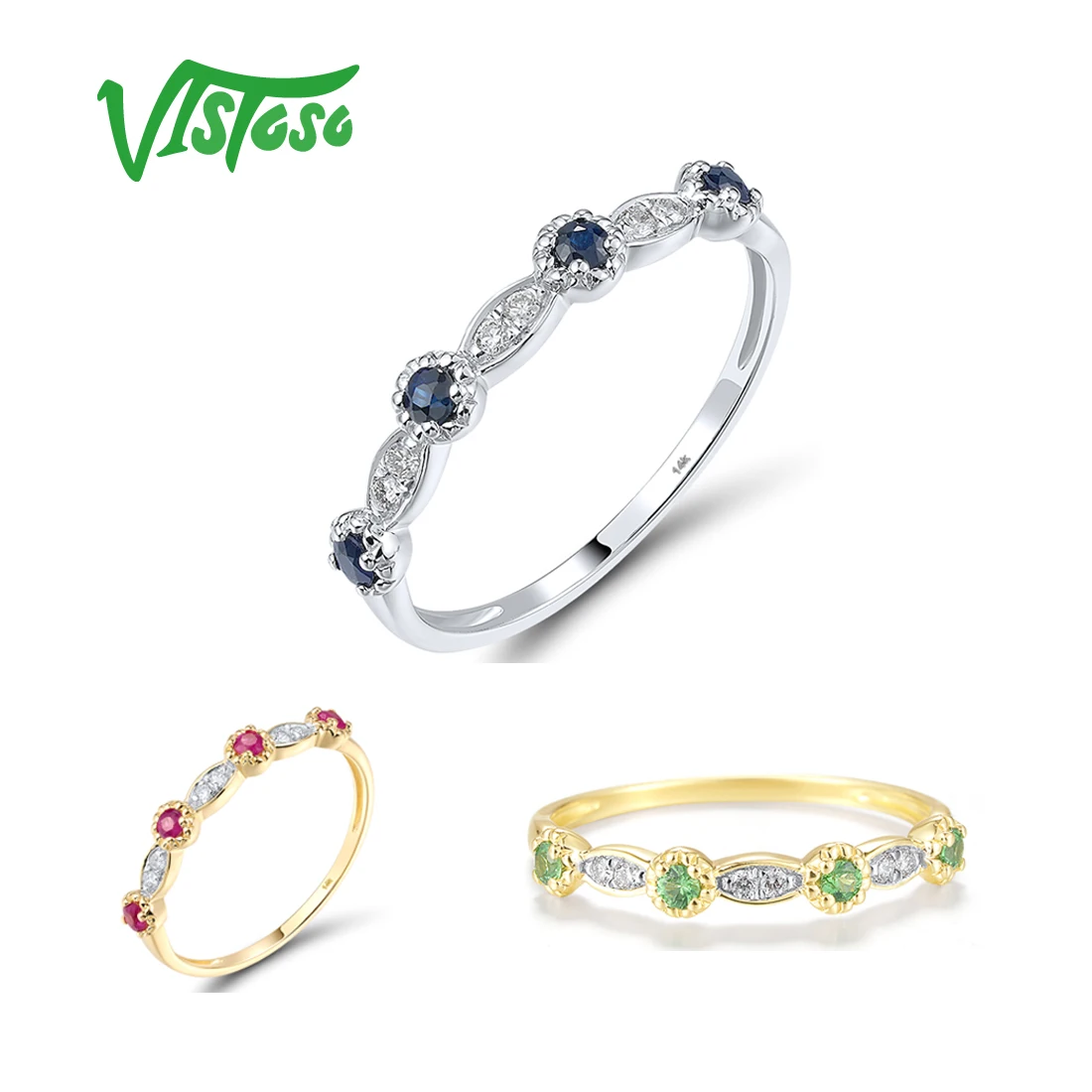VISTOSO Real 14K 585 Yellow White Gold Ring For Women Sparkling Diamonds Sapphire Ruby Green Garnet Wedding Gifts Fine Jewelry