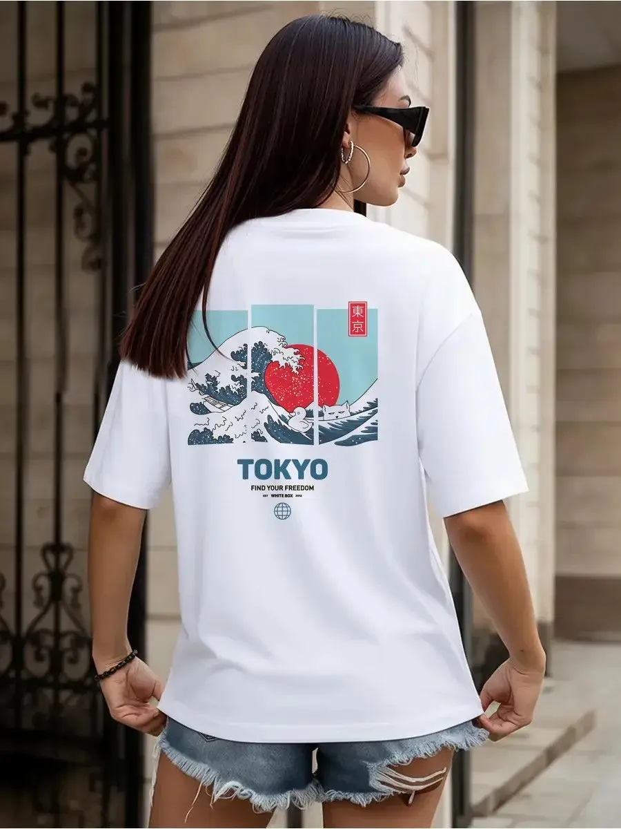 Art Design Y2K Funny Cotton T-Shirt Japanese Ukiyo-e Great Wave Cat Tokyo Graphic Loose Casual Streetwear Short Sleeve Top WOMEN