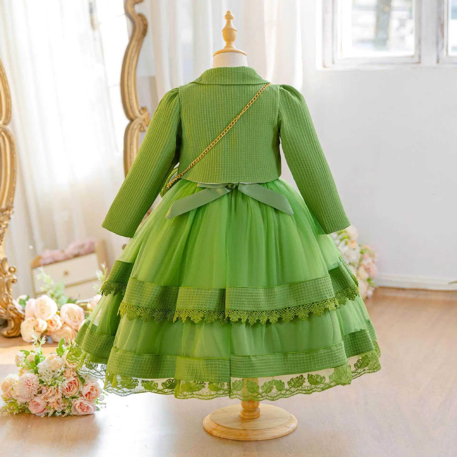 Girls Party Dresses with Elegant Bag Girl Dress 3 PC Set Long Sleeve Kids' Princess Clothes 4 to 10 Years