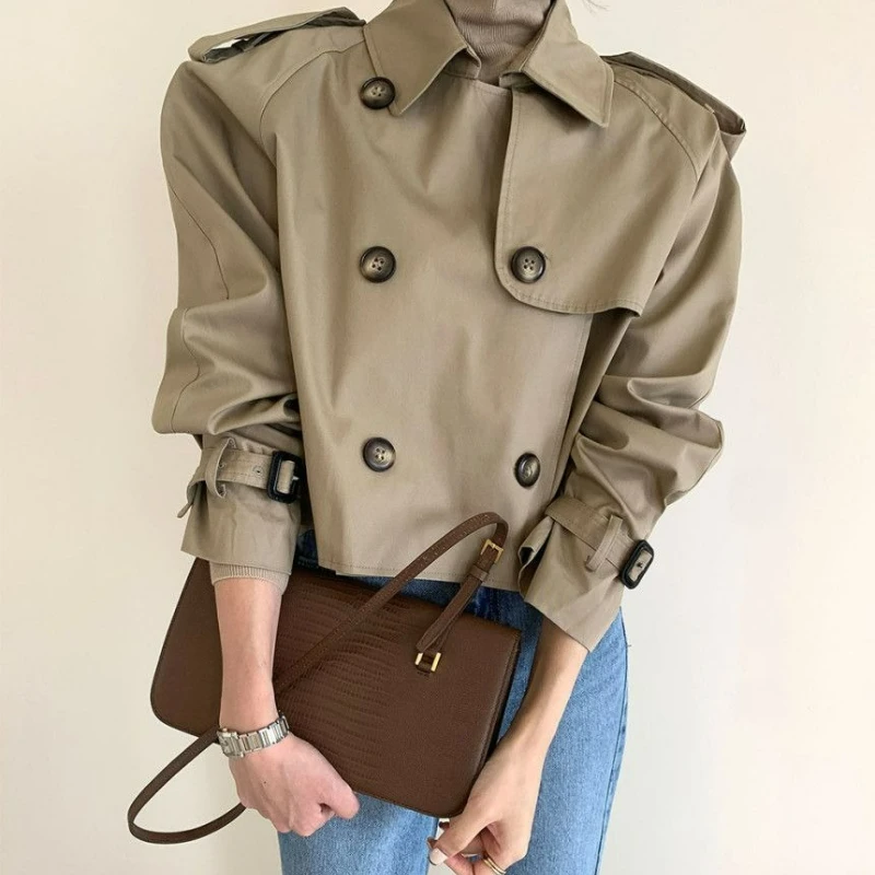 Korean Chiccq Retro Lapel Design Sense Double-breasted Loose Versatile Long-sleeved Short Trench Coat Female Niche Temperament