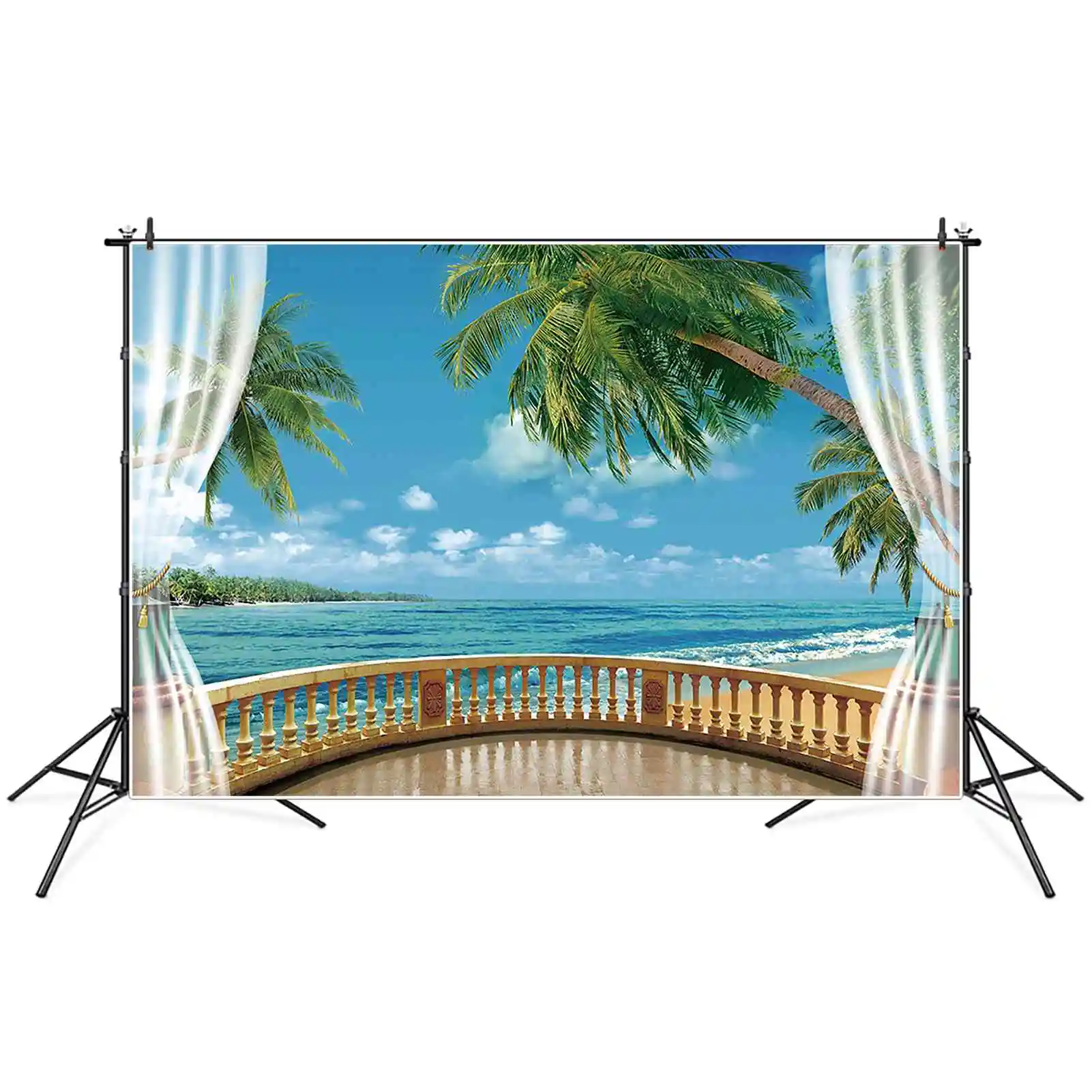 Moon.qg ฤดูร้อนสีฟ้าชายหาดพื้นหลังวันเกิดผู้ใหญ่ผู้หญิงต้นปาล์มใบฉากหลังริมทะเลงานปาร์ตี้ที่กำหนดเอง