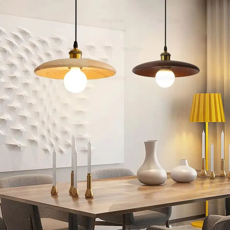 

Walnut Color Wooden Pendant Lamp UFO Suspension Light Tea Room Bar Cafe Bedside Retro Solid Wood Hanging Ceiling Chandelier