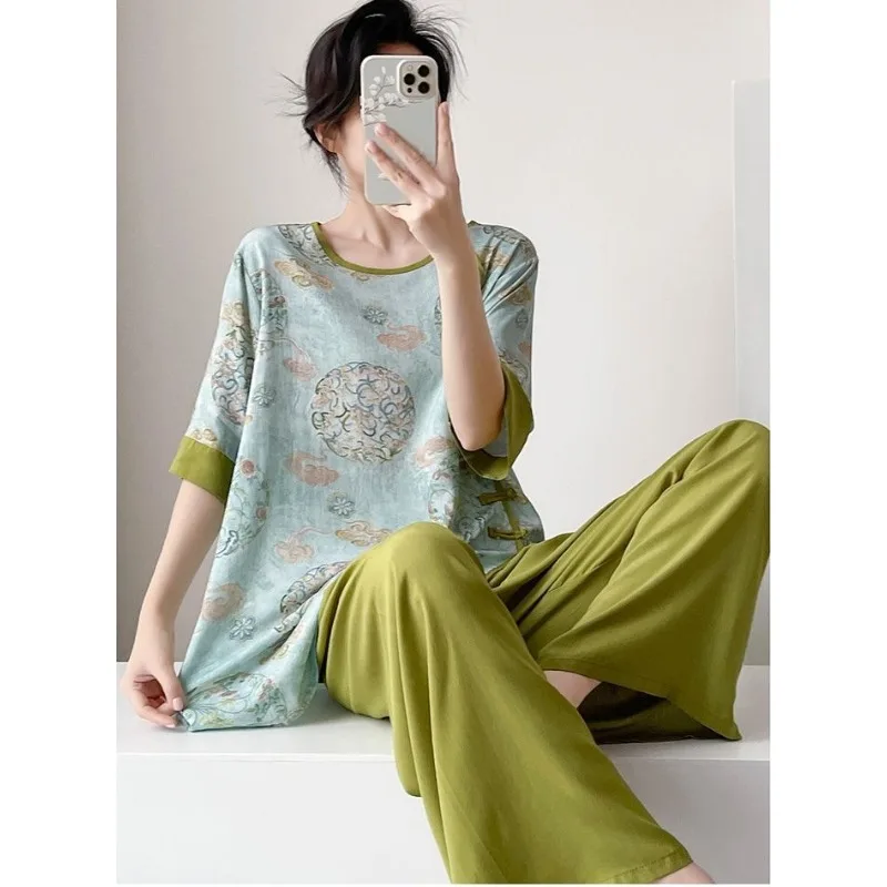 

Women's Pajamas Cotton and Silk Loungewear Thin Medium-sleeved Trousers New Chinese-style Contrasting Color Two-piece Set Retro