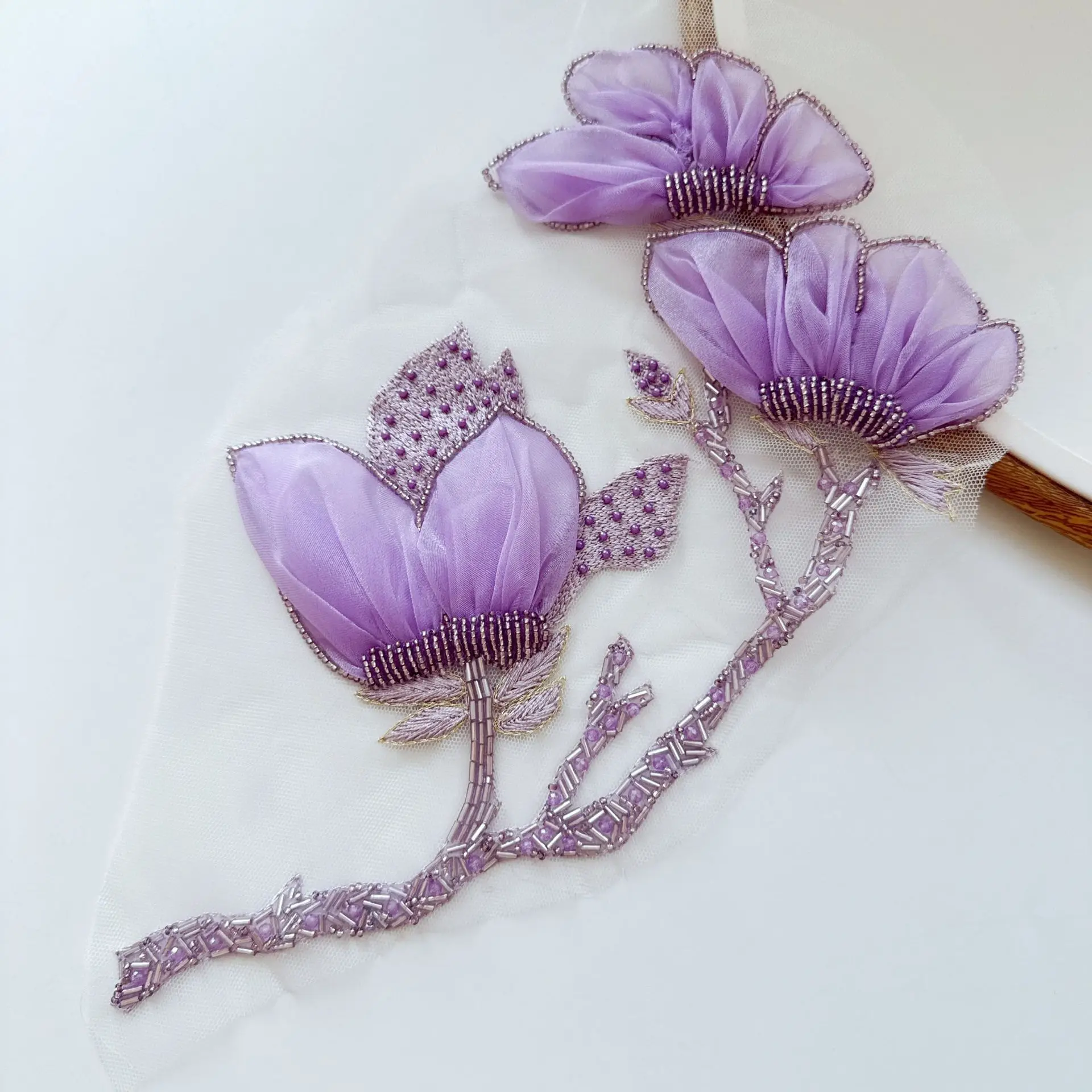 Hand-embroidered purple magnolia flower appliqué on pleated tulle dress dance costume fabric