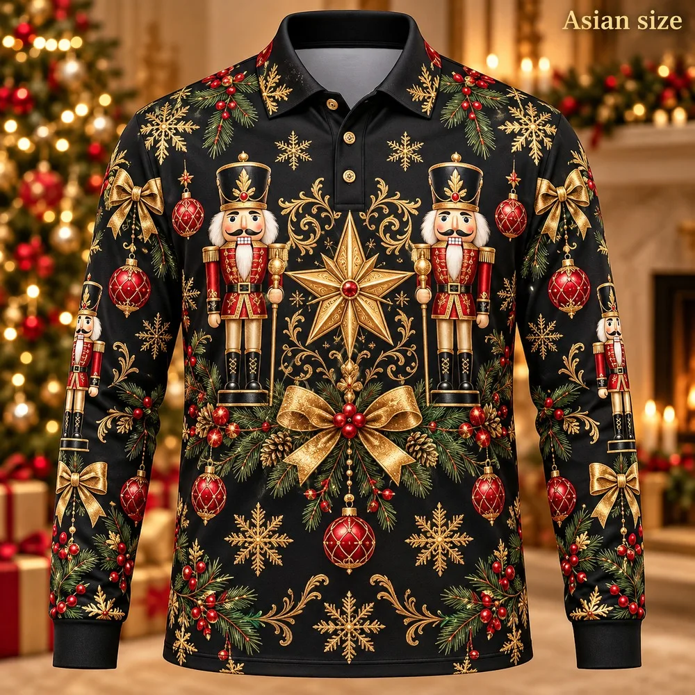 Christmas Nutcracker Long Sleeve Polo Shirt for Men 3D Print Polyester Holiday Graphic Festive Casual Winter Outfit Gift